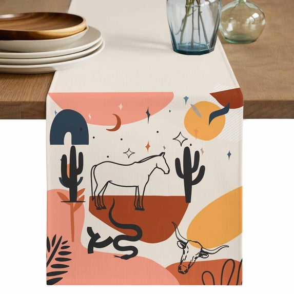 Table Runner 36 Inches Long for Kitchen Dining, Western Boho Dresser Scarf Farmhouse, Dining Table Decorations for Wedding/Parties, Modern Abstract Horse Cactus Plant Offwhite 13 x 36 In