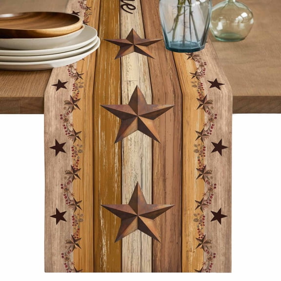 Table Runner 36 Inches Long for Kitchen Dining, Western Texas Star Vintage Dresser Scarf Farmhouse, Dining Table Decorations for Wedding/Parties, Retro Farmhouse Yellow Brown Wooden 13 x 36 In