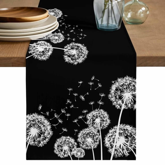 Table Runner 36 Inches Long for Kitchen Dining, White Dandelion Dresser Scarf Farmhouse, Dining Table Decorations for Wedding/Parties, Spring Flowers Botanical Vintage Black 13 x 36 In