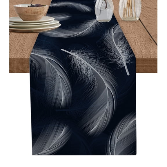 Table Runner 36 Inches Long for Kitchen Dining, White Feather Dresser Scarf Farmhouse, Dining Table Decorations for Wedding/Parties, Modern Navy Blue Striped Art 13 x 36 In