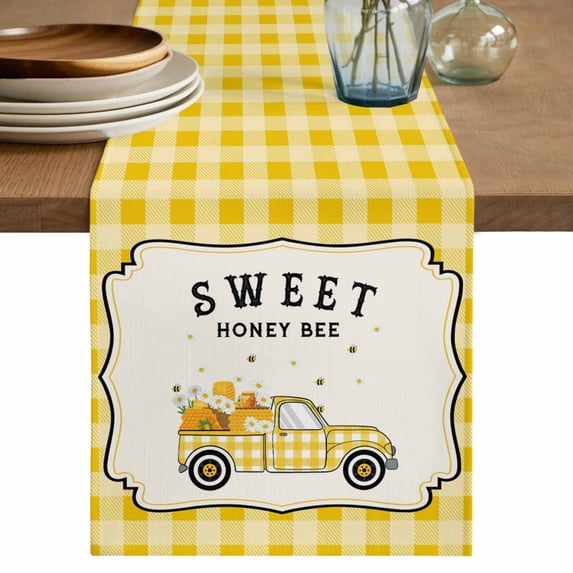 Table Runner 36 Inches Long for Kitchen Dining, Yellow Truck Dresser Scarf Farmhouse, Dining Table Decorations for Wedding/Parties, Spring Bees Honey Daisy Buffalo Plaid 13 x 36 In