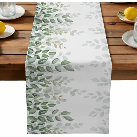 Table Runner 36 Inches Long, Sage Green Eucalyptus Leaves Linen Table Runners Dresser Scarf Runner for Bedroom Kitchen Home Party Dining Tables Decor Summer Country Botanical