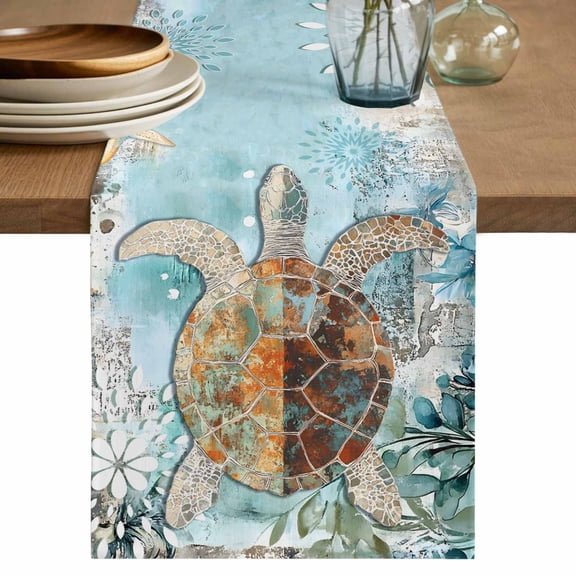 Table Runner 36 Inches Long, Sea Turtle Coastal Decorative Table Runner for Party Wedding Home Decor, Teal Nautical Starfish Botanical Dresser Scarves for Bedroom Kitchen Tables Decor 13x36 Inch
