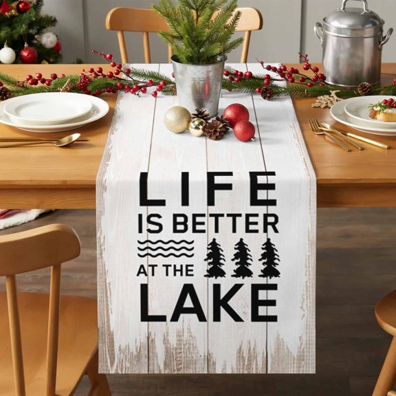 Table Runner 36 Inches Long - Summer Quotes Lake and Forest Decorative Table Scarf, Farm Wooden Frain Dining Table Runners for Wedding Party Kitchen Dining Tables