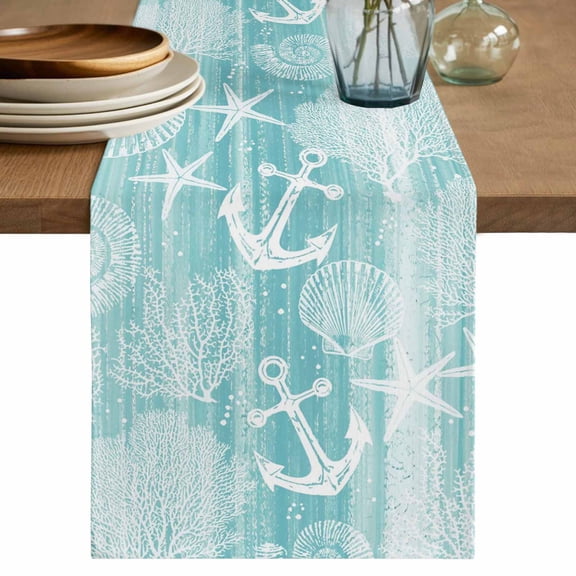 Table Runner 36 Inches Long, Teal Anchor Nautical Decorative Table Runner for Party Wedding Home Decor, Coastal Beach Coral Starfish Dresser Scarves for Bedroom Kitchen Tables Decor 13x36 Inch