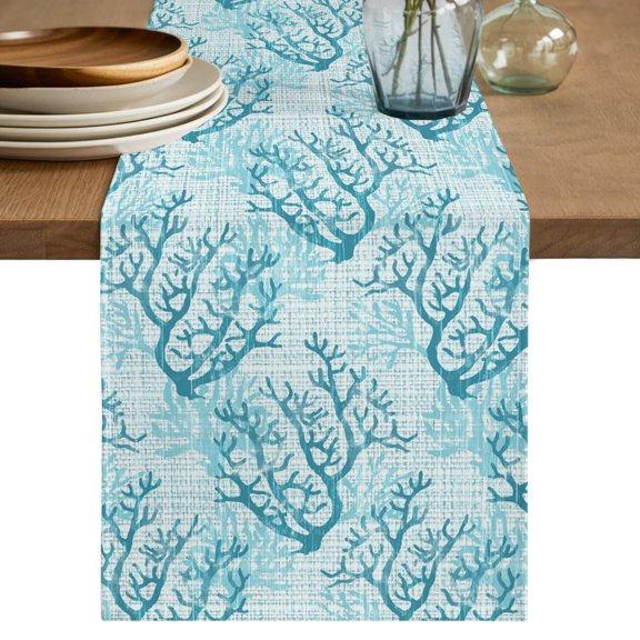 Table Runner 36 Inches Long, Teal Green Coral Coastal Decorative Table Runner for Party Wedding Home Decor, Summer Beach Nautical Ocean Sea Vintage Dresser Scarves for Kitchen Tables 13x36 Inch