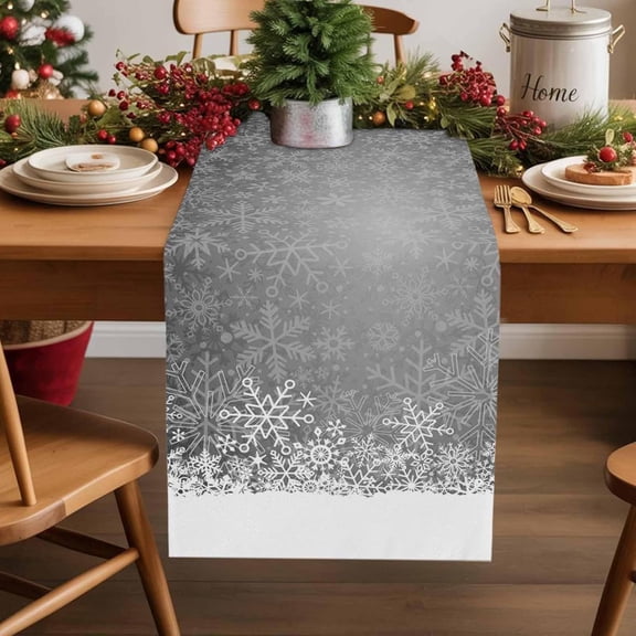 Table Runner 36 Inches Long, White Christmas Snowflake on Gray Linen Table Runners Dresser Scarf Runner for Bedroom Kitchen Home Party Dining Tables Decor Winter Snow Geometric Texture