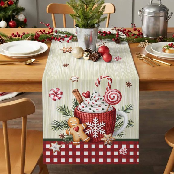 Table Runner 36 Inches Long - Xmas Candy Cookie Red Plaid Decorative Table Scarf, Cappuccino Pine Branches Retro Dining Table Runners for Wedding Party Kitchen Dining Tables