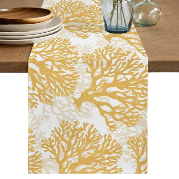 Table Runner 36 Inches Long, Yellow Coral Decorative Table Runner for Party Wedding Home Decor, Coastal Summer Ocean Nautical Sea Dresser Scarves for Bedroom Kitchen Tables Decor 13x36 Inch