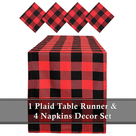 Table Runner and 4 Napkins - Red Plaid Buffalo Pattern for Christmas - 110 Inch x 14 Inch Runner and 17 Inch x 17 Inch Napkins - in Gift Box (Red Buffalo Check Plaid)