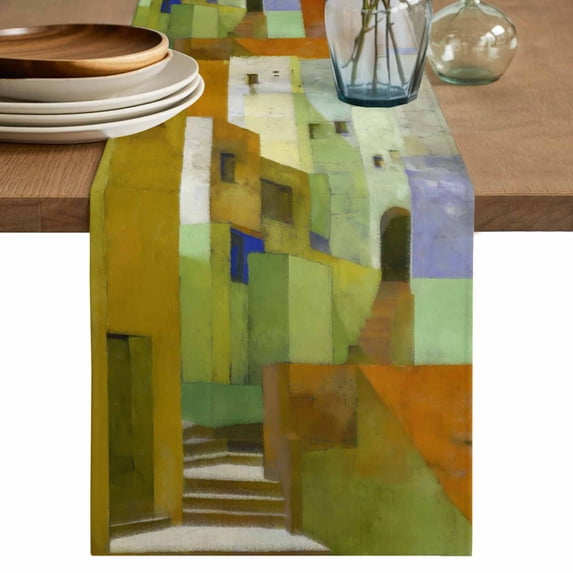 Table Runner - 48 Inch Long, Abstract Yellow Kitchen Dining Table Runner Dresser Scarves, Painting Buildings Geometric Modern Art Farmhouse Decor for Coffee Tables Wedding Party Banquet