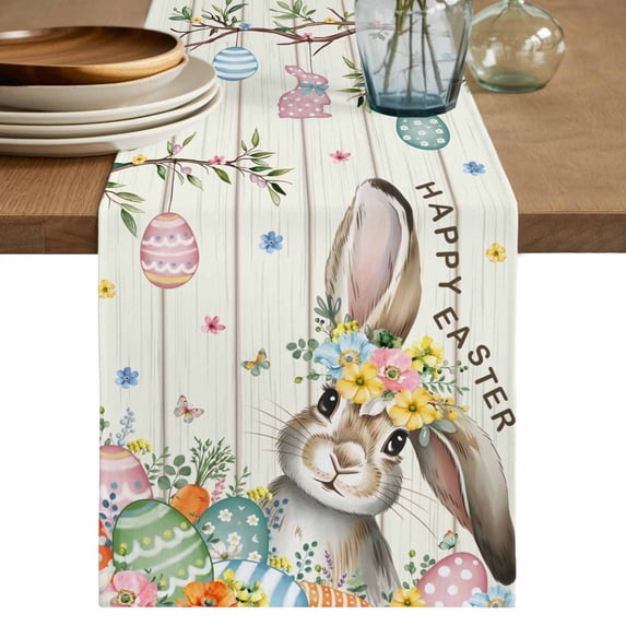 Table Runner - 48 Inch Long, Beige Easter Bunny Kitchen Dining Table Runner Dresser Scarves, Spring Easter Eggs Floral Wooden Farmhouse Decor for Coffee Tables Wedding Party Banquet