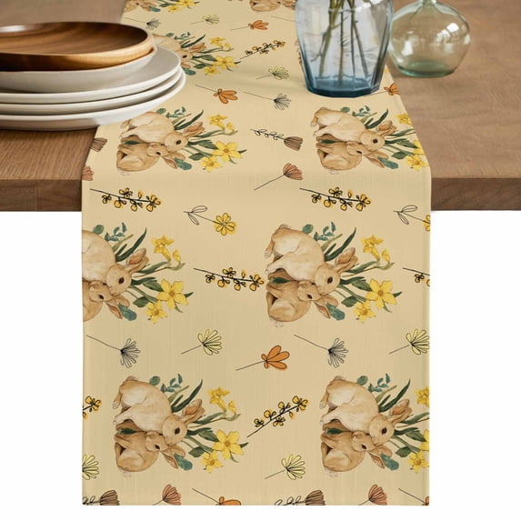 Table Runner - 48 Inch Long, Easter Rabbits Kitchen Dining Table Runner Dresser Scarves, Spring Yellow Flowers Country Plants Yellow Farmhouse Decor for Coffee Tables Wedding Party Banquet