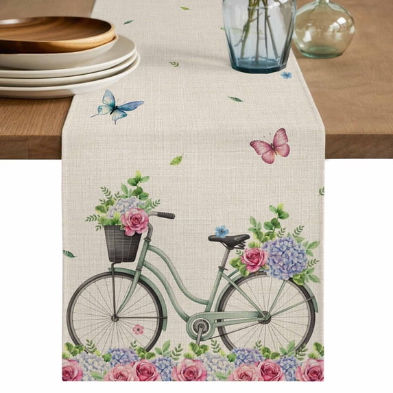 Table Runner - 48 Inch Long, Farmhouse Spring Kitchen Dining Table Runner Dresser Scarves, Retro Bicycles Flowers Vines Butterfly Farmhouse Decor for Coffee Tables Wedding Party Banquet