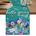 thumbnail image 1 of Table Runner - 48 Inch Long, Hello Spring Kitchen Dining Table Runner Dresser Scarves, Pastoral Purple Bottle Floral Dark Green Wood Farmhouse Decor for Coffee Tables Wedding Party Banquet, 1 of 8