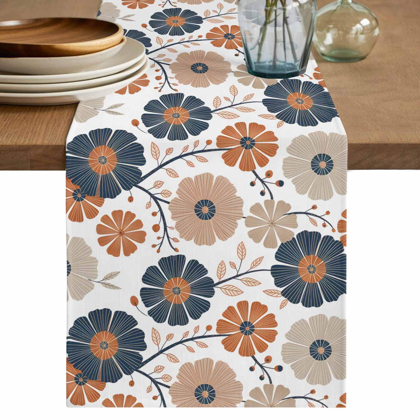 Table Runner - 48 Inch Long, Orange Blue Flowers Kitchen Dining Table ...