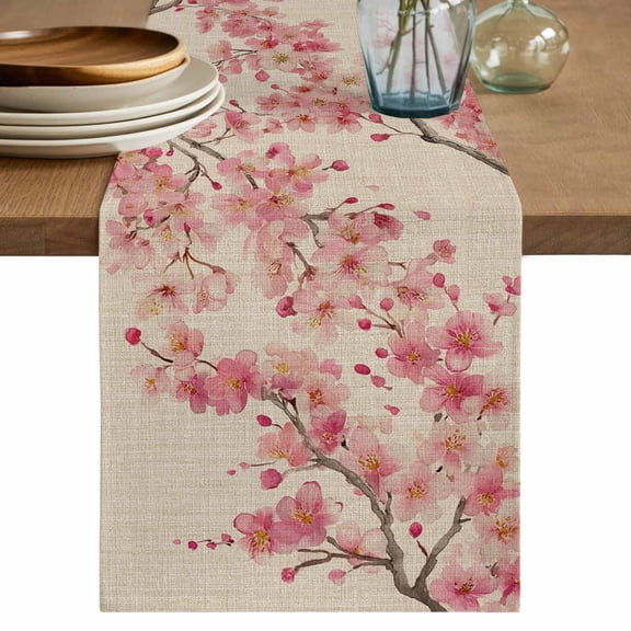 Table Runner - 48 Inch Long, Peaches Branches Kitchen Dining Table Runner Dresser Scarves, Farmhouse Spring Botanical Pink Flowers Farmhouse Decor for Coffee Tables Wedding Party Banquet