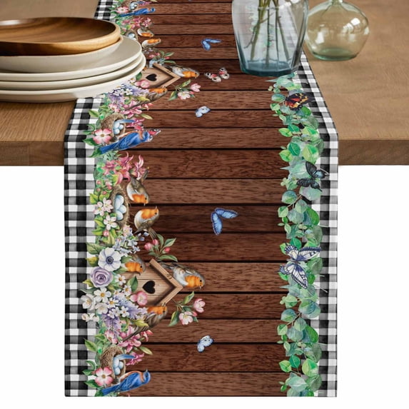 Table Runner - 48 Inch Long, Spring Botanical Kitchen Dining Table Runner Dresser Scarves, Farmhouse Black Plaid Brown Wooden Grain Farmhouse Decor for Coffee Tables Wedding Party Banquet