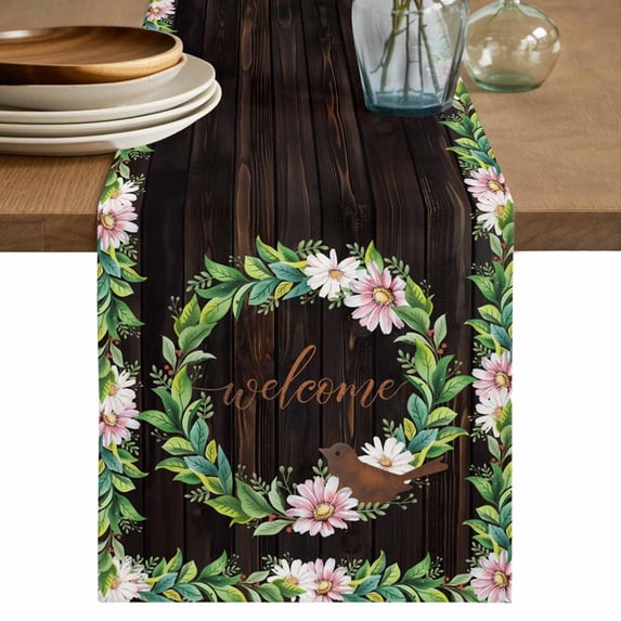 Table Runner - 48 Inch Long, Spring Botanical Kitchen Dining Table Runner Dresser Scarves, Garden Birds Floral Leaves Brown Wood Farmhouse Decor for Coffee Tables Wedding Party Banquet