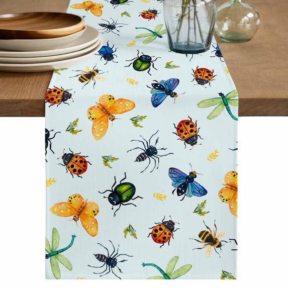 Table Runner - 48 Inch Long, Spring Butterfly Dragonfly Kitchen Dining Table Runner Dresser Scarves, Rustic Botanical Floral Teal Green Farmhouse Decor for Coffee Tables Wedding Party Banquet