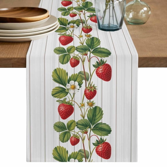 Table Runner - 48 Inch Long, Strawberry Kitchen Dining Table Runner Dresser Scarves, Vintage Green Botanical Spring Floral Farmhouse Decor for Coffee Tables Wedding Party Banquet