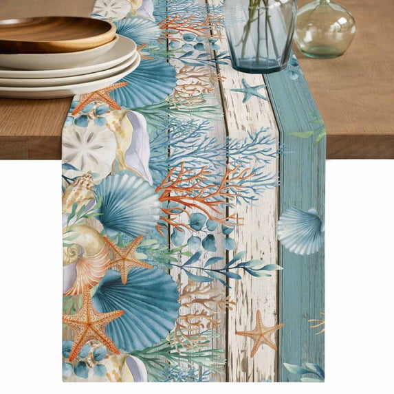 Table Runner - 48 Inch Long, Vintage Blue Coastal Kitchen Dining Table Runner Dresser Scarves, Summer Beach Starfish Shell Coral Nautical Farmhouse Decor for Coffee Tables Wedding Party Banquet
