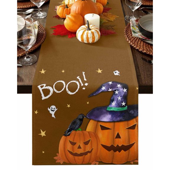 Table Runner 48 Inches Long, Halloween Boo Pumpkin Ghost Orange Cotton Linen Table Runners Non-Slip Durable Dresser Scarves for Table Party Dinner Holiday Home Decor, 1 Pack