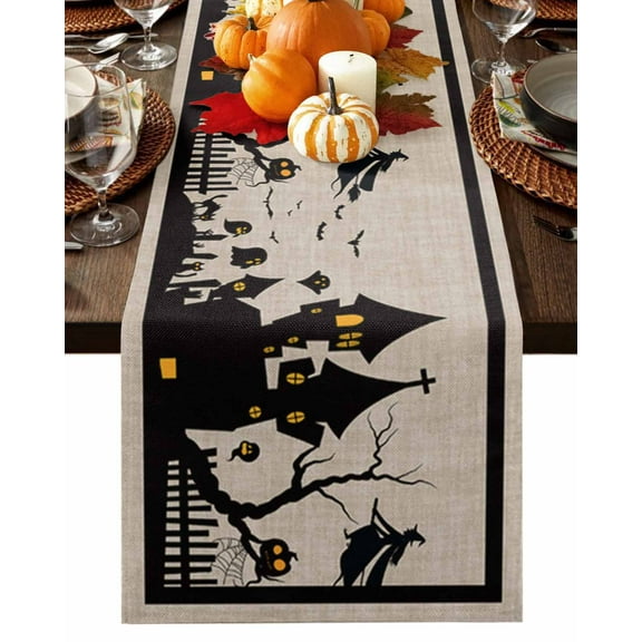 Table Runner 48 Inches Long, Halloween Haunted House Witch Vintage Pattern Cotton Linen Table Runners Non-Slip Durable Dresser Scarves for Table Party Dinner Holiday Home Decor, 1 Pack