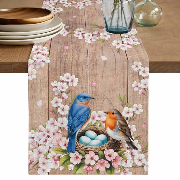 Table Runner 48 Inches Long for Kitchen Dining, Birds Floral Dresser Scarf Farmhouse, Dining Table Decorations for Wedding/Parties, Farmhouse Pink Flower Leaf Wood Grain Brown 13 x 48 In