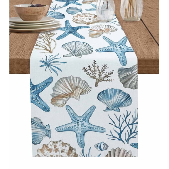 Table Runner 48 Inches Long for Kitchen Dining, Blue Beige Coastal Dresser Scarf Farmhouse, Dining Table Decorations for Wedding/Parties, Summer Beach Nautical Starfish Shell 13 x 48 In