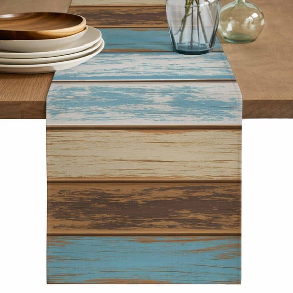 Table Runner 48 Inches Long for Kitchen Dining, Blue Brown Dresser Scarf Farmhouse, Dining Table Decorations for Wedding/Parties, Farmhouse Rustic Wooden Plank Board 13 x 48 In