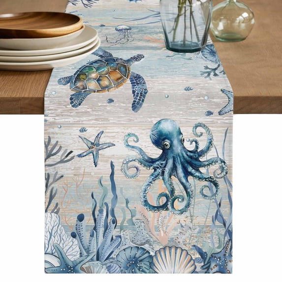 Table Runner 48 Inches Long for Kitchen Dining, Blue Coastal Dresser Scarf Farmhouse, Dining Table Decorations for Wedding/Parties, Sea Turtle Octopus Coral Beach Nautical 13 x 48 In