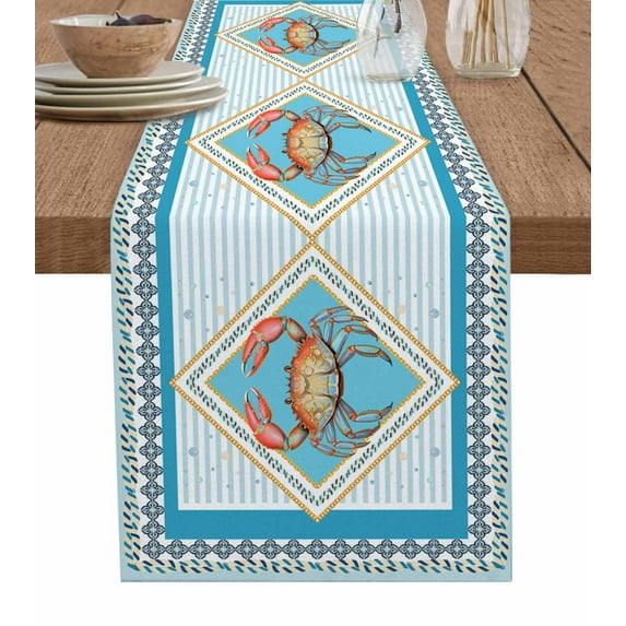 Table Runner 48 Inches Long for Kitchen Dining, Blue Crab Nautical Dresser Scarf Farmhouse, Dining Table Decorations for Wedding/Parties, Ocean Coastal Geometric 13 x 48 In