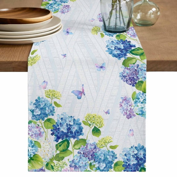 Table Runner 48 Inches Long for Kitchen Dining, Blue Hydrangea Floral Dresser Scarf Farmhouse, Dining Table Decorations for Wedding/Parties, Spring Butterfly Watercolor Flower 13 x 48 In