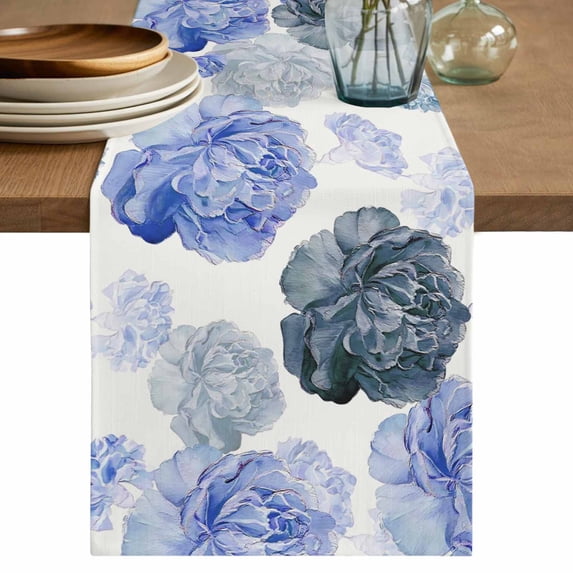 Table Runner 48 Inches Long for Kitchen Dining, Blue Ombre Spring Floral Dresser Scarf Farmhouse, Dining Table Decorations for Wedding/Parties, Summer Botanical Flowers 13 x 48 In