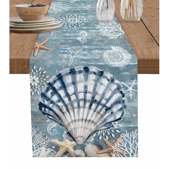 Table Runner 48 Inches Long for Kitchen Dining, Blue Shell Coastal Dresser Scarf Farmhouse, Dining Table Decorations for Wedding/Parties, Summer Beach Nautical Starfish Coral 13 x 48 In
