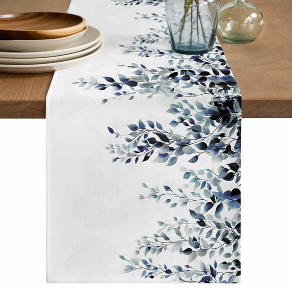 Table Runner 48 Inches Long for Kitchen Dining, Blue Teal Eucalyptus Dresser Scarf Farmhouse, Dining Table Decorations for Wedding/Parties, Weeping Botanical Leaf Watercolor 13 x 48 In