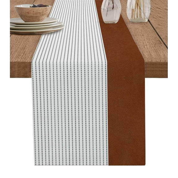 Table Runner 48 Inches Long for Kitchen Dining, Boho Brown Leather Texture Dresser Scarf Farmhouse, Dining Table Decorations for Wedding/Parties, Modern Black Striped 13 x 48 In