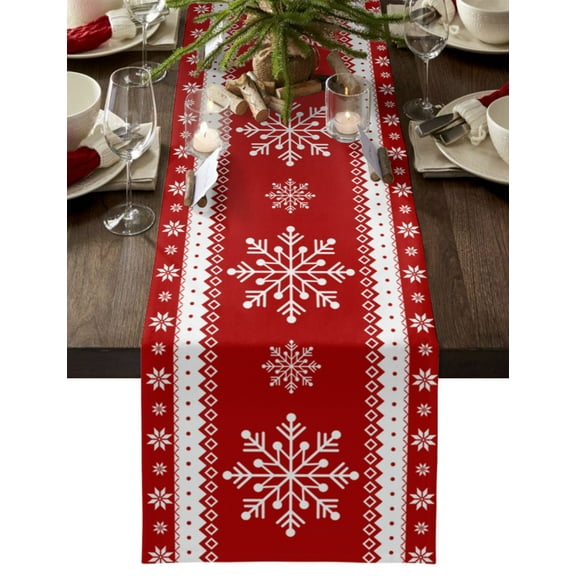 Table Runner 48 Inches Long for Kitchen Dining, Christmas Snowflake Dresser Scarf Farmhouse, Dining Table Decorations for Wedding/Parties, Winter Snowflake Red Backdrop 13 x 48 In
