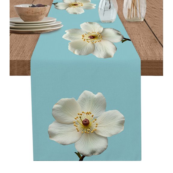 Table Runner 48 Inches Long for Kitchen Dining, Close-up Flower Dresser Scarf Farmhouse, Dining Table Decorations for Wedding/Parties, Spring Floral Blue Painting Backdrop 13 x 48 In