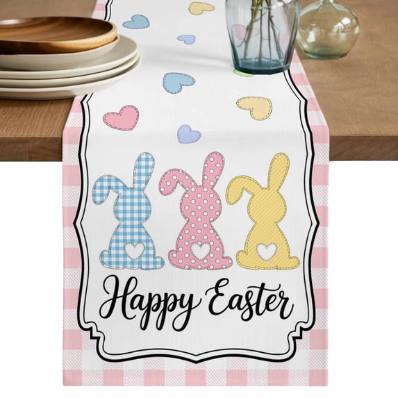 Table Runner 48 Inches Long for Kitchen Dining, Colorful Rabbits Dresser Scarf Farmhouse, Dining Table Decorations for Wedding/Parties, Happy Easter Cartoon Animal Pink Plaid 13 x 48 In