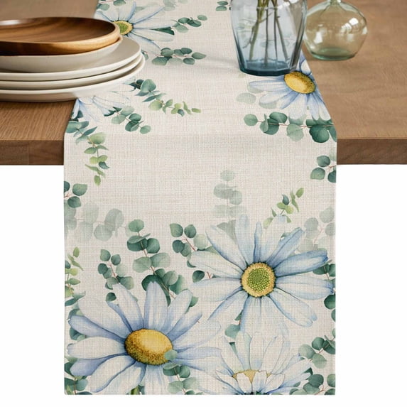 Table Runner 48 Inches Long for Kitchen Dining, Daisy Eucalyptus Leaves Dresser Scarf Farmhouse, Dining Table Decorations for Wedding/Parties, Rustic Weeping Botanical Linen 13 x 48 In