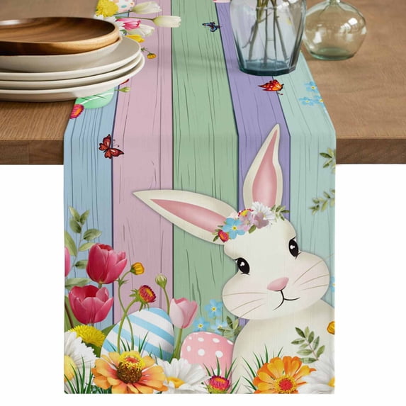 Table Runner 48 Inches Long for Kitchen Dining, Easter Bunny Dresser Scarf Farmhouse, Dining Table Decorations for Wedding/Parties, Farmhouse Watercolor Eggs Tulip Wood Grain 13 x 48 In
