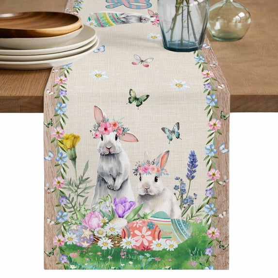 Table Runner 48 Inches Long for Kitchen Dining, Easter Dresser Scarf Farmhouse, Dining Table Decorations for Wedding/Parties, Farmhouse Bunny Colorful Eggs Flowers Plants 13 x 48 In