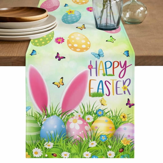 Table Runner 48 Inches Long for Kitchen Dining, Easter Dresser Scarf Farmhouse, Dining Table Decorations for Wedding/Parties, Spring Easter Eggs Bunny Butterflies Green 13 x 48 In