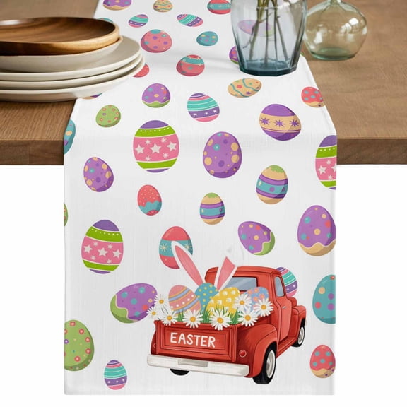 Table Runner 48 Inches Long for Kitchen Dining, Easter Eggs Dresser Scarf Farmhouse, Dining Table Decorations for Wedding/Parties, Spring Watercolor Bunny Daisy Red Truck 13 x 48 In
