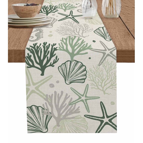 Table Runner 48 Inches Long for Kitchen Dining, Green Coastal Dresser Scarf Farmhouse, Dining Table Decorations for Wedding/Parties, Ocean Coral Starfish Seahorse Farmhouse 13 x 48 In