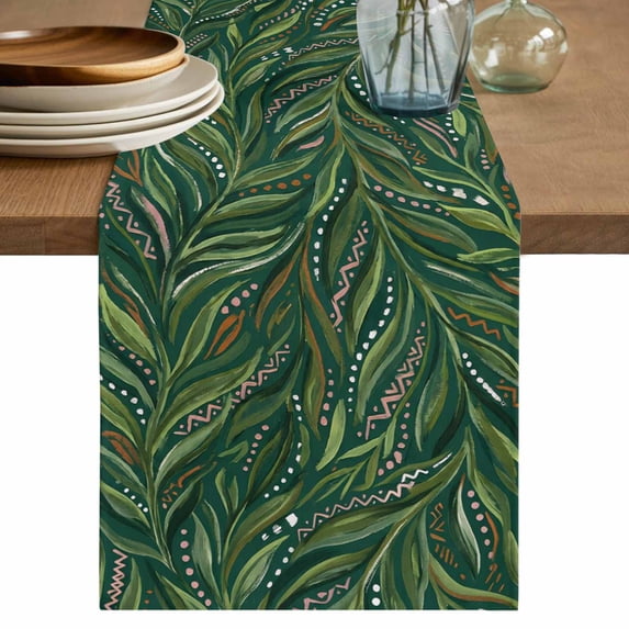 Table Runner 48 Inches Long for Kitchen Dining, Green Leaves Dresser Scarf Farmhouse, Dining Table Decorations for Wedding/Parties, Spring Watercolor Ethnic Botanical Geometric 13 x 48 In