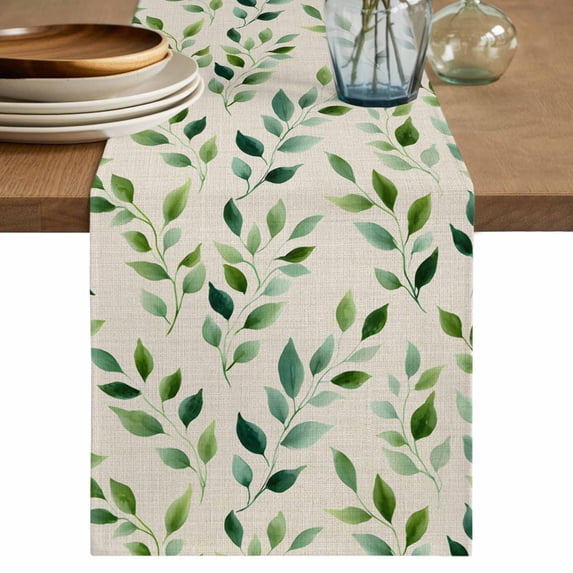 Table Runner 48 Inches Long for Kitchen Dining, Green Leaves Dresser Scarf Farmhouse, Dining Table Decorations for Wedding/Parties, Watercolor Spring Botanical Country Beige 13 x 48 In