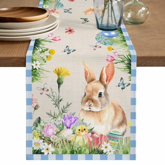 Table Runner 48 Inches Long for Kitchen Dining, Happy Easter Bunny Dresser Scarf Farmhouse, Dining Table Decorations for Wedding/Parties, Spring Floral Burlap Blue Plaid 13 x 48 In